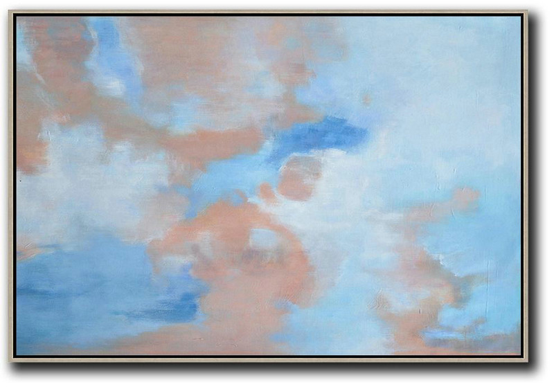 Huge Abstract Painting On Canvas,Horizontal Abstract Landscape Oil Painting On Canvas,Size Extra Large Abstract Art Sky Blue,Nude,White